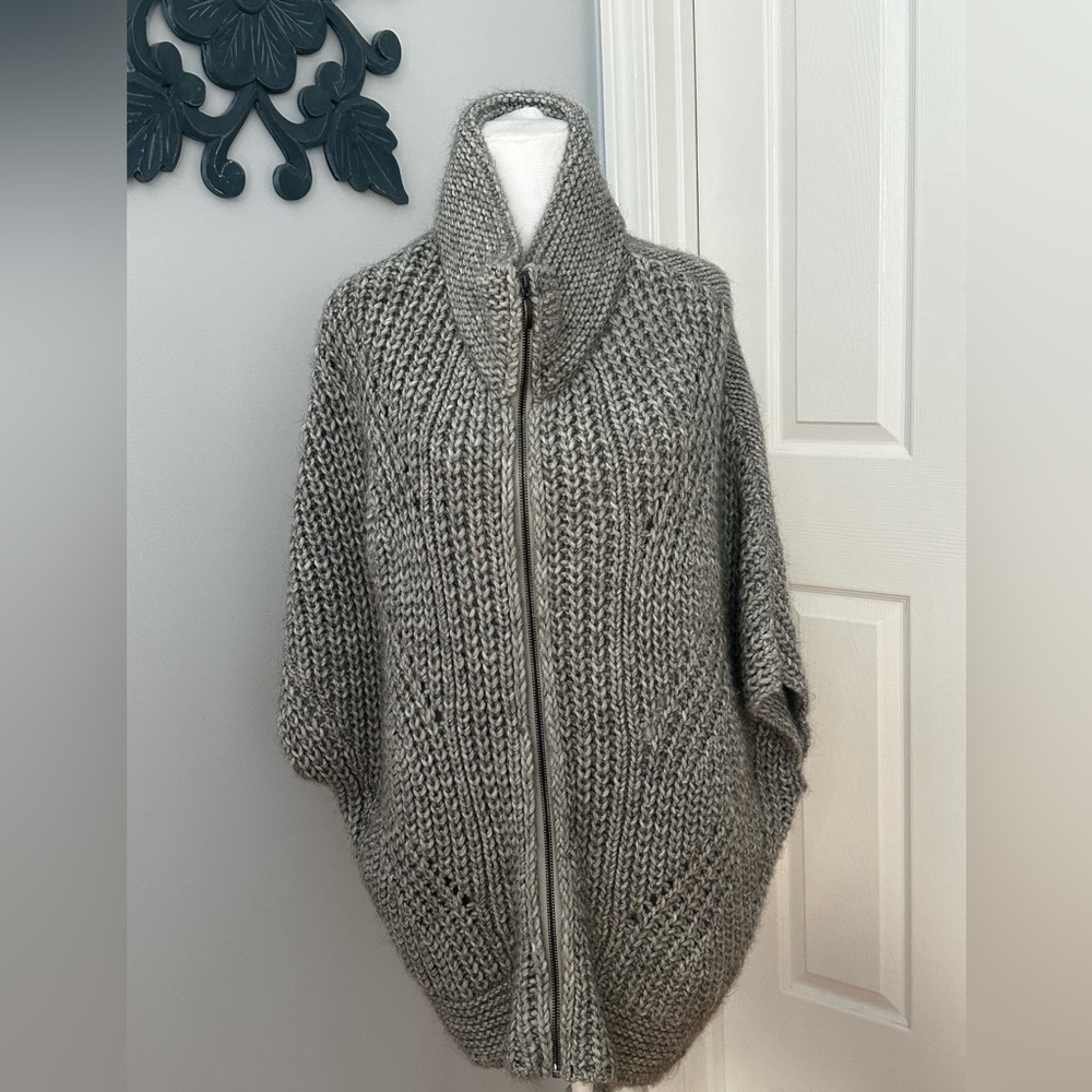 Elegant Gray Turtleneck Sweater Poncho